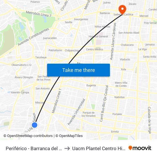 Periférico - Barranca del Muerto to Uacm Plantel Centro Histórico map