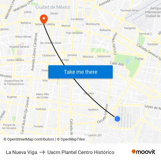 La Nueva Viga to Uacm Plantel Centro Histórico map