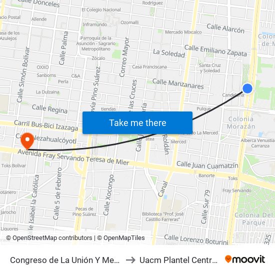 Congreso de La Unión Y Metro Candelaria to Uacm Plantel Centro Histórico map