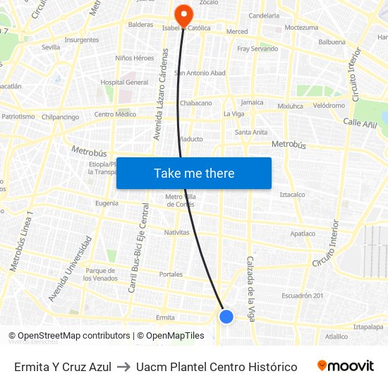 Ermita Y Cruz Azul to Uacm Plantel Centro Histórico map