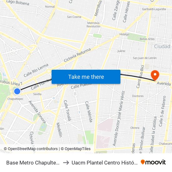 Base Metro Chapultepec to Uacm Plantel Centro Histórico map