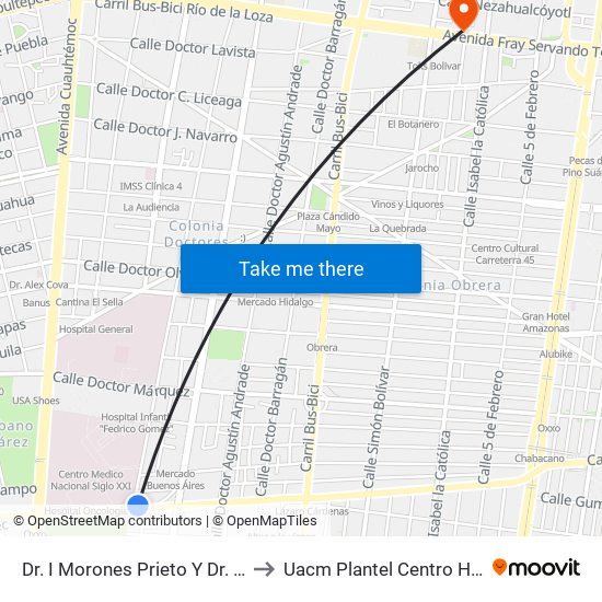 Dr. I Morones Prieto Y Dr. Jiménez to Uacm Plantel Centro Histórico map