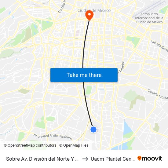 Sobre Av. División del Norte Y Calz. de Las Bombas to Uacm Plantel Centro Histórico map