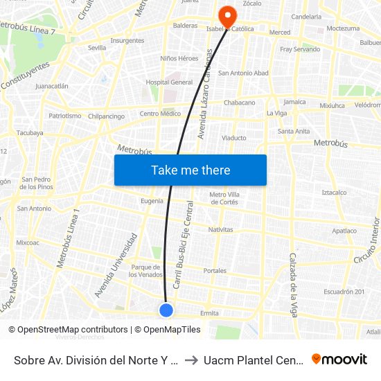 Sobre Av. División del Norte Y Av. Río Churubusco to Uacm Plantel Centro Histórico map