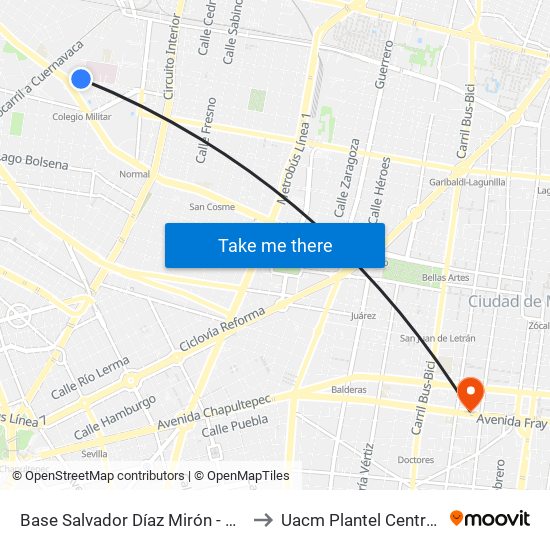 Base Salvador Díaz Mirón -  Priv. Díaz Mirón to Uacm Plantel Centro Histórico map