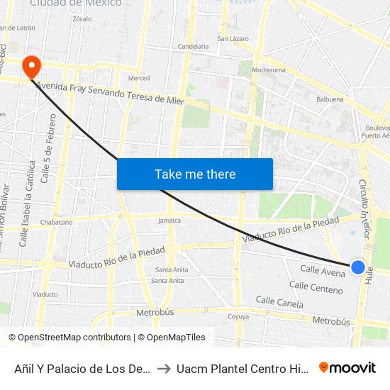 Añil Y Palacio de Los Deportes to Uacm Plantel Centro Histórico map