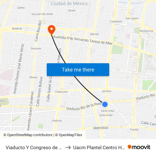 Viaducto Y Congreso de La Unión to Uacm Plantel Centro Histórico map