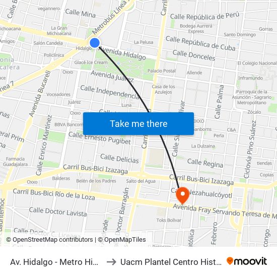 Av. Hidalgo - Metro Hidalgo to Uacm Plantel Centro Histórico map