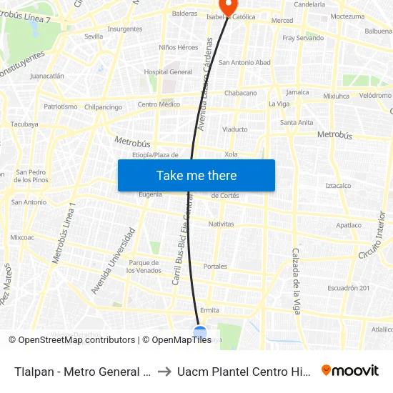 Tlalpan - Metro General Anaya to Uacm Plantel Centro Histórico map