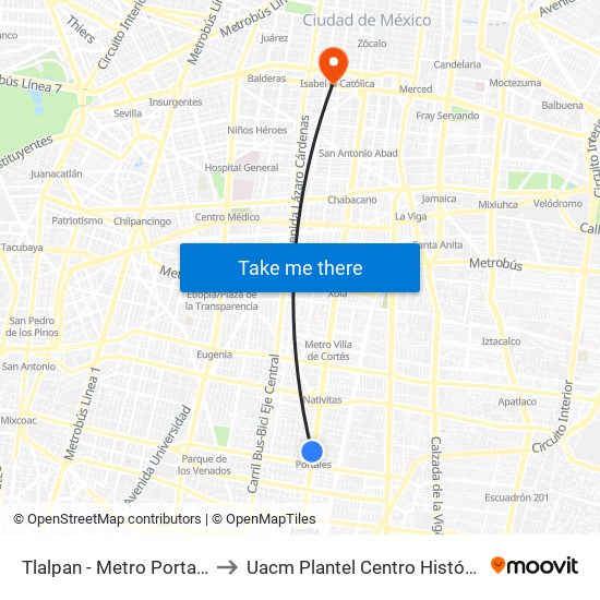 Tlalpan - Metro Portales to Uacm Plantel Centro Histórico map