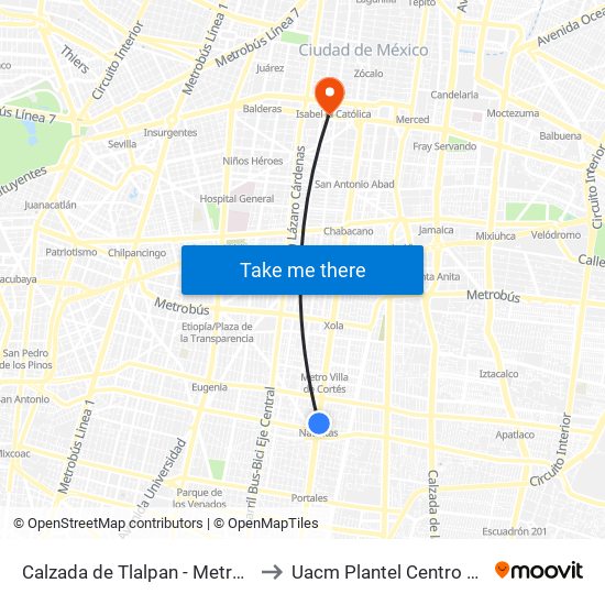 Calzada de Tlalpan - Metro Nativitas to Uacm Plantel Centro Histórico map