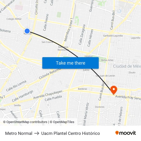 Metro Normal to Uacm Plantel Centro Histórico map