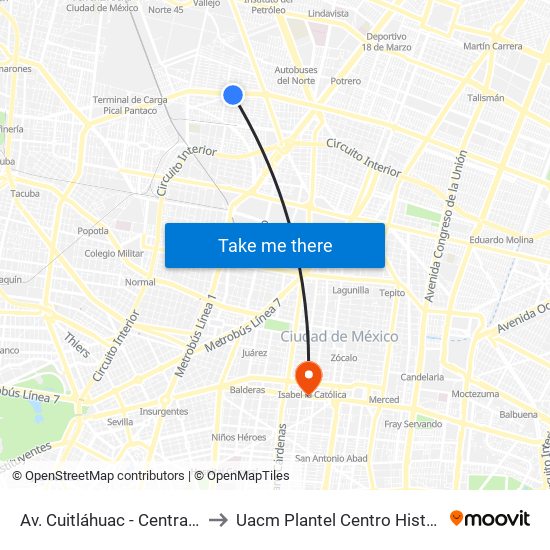 Av. Cuitláhuac - Central Sur to Uacm Plantel Centro Histórico map