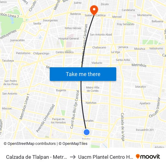 Calzada de Tlalpan - Metro Ermita to Uacm Plantel Centro Histórico map