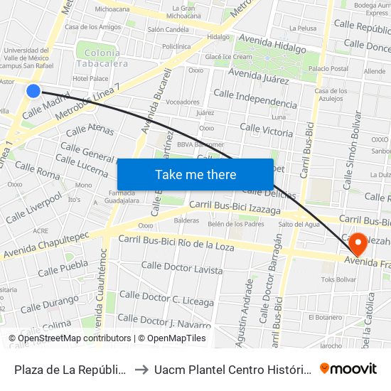 Plaza de La República to Uacm Plantel Centro Histórico map