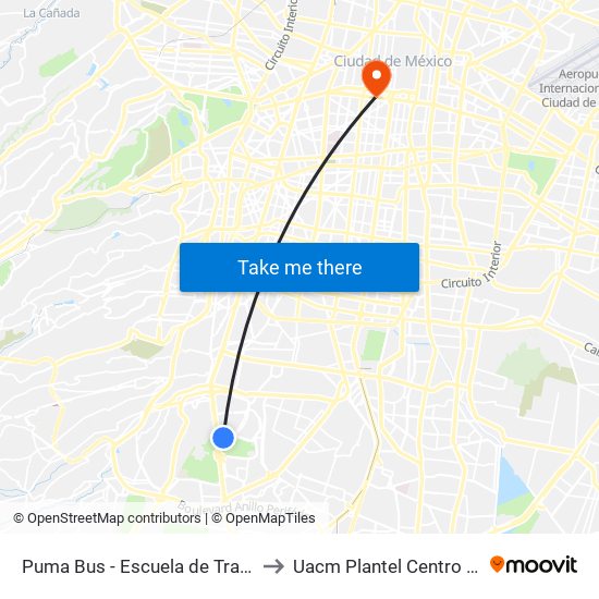 Puma Bus - Escuela de Trabajo Social to Uacm Plantel Centro Histórico map