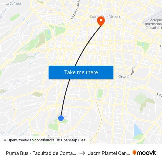 Puma Bus - Facultad de Contaduria Administracion to Uacm Plantel Centro Histórico map