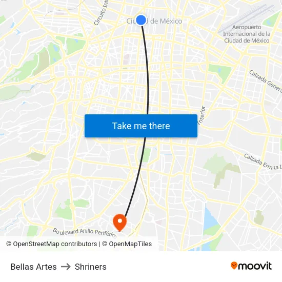 Bellas Artes to Shriners map