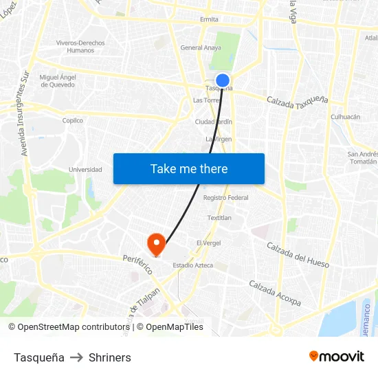 Tasqueña to Shriners map