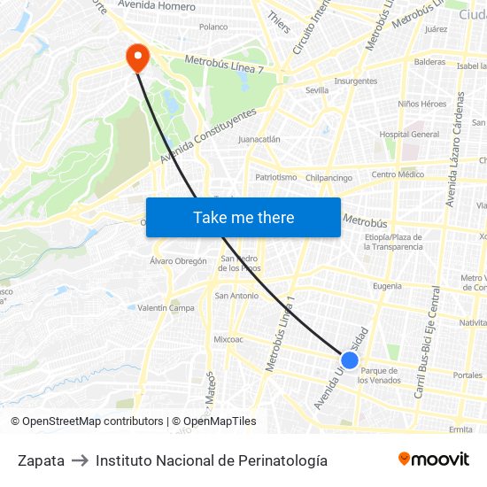 Zapata to Instituto Nacional de Perinatología map