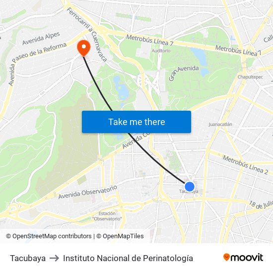 Tacubaya to Instituto Nacional de Perinatología map