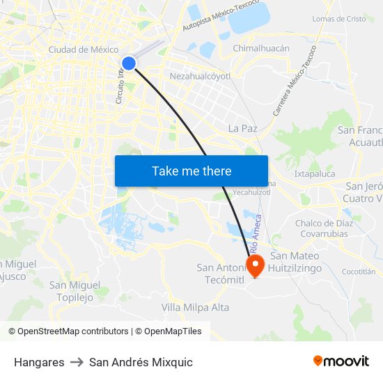 Hangares to San Andrés Mixquic map