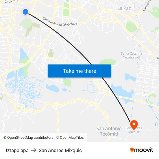 Iztapalapa to San Andrés Mixquic map