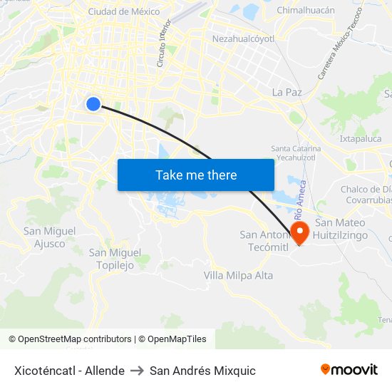 Xicoténcatl - Allende to San Andrés Mixquic map