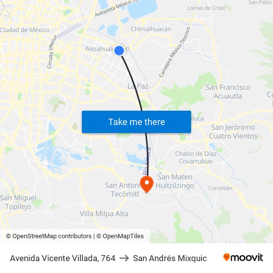 Avenida Vicente Villada, 764 to San Andrés Mixquic map