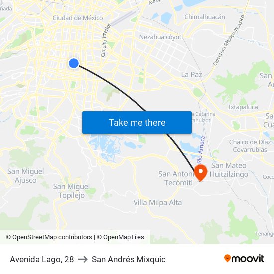 Avenida Lago, 28 to San Andrés Mixquic map