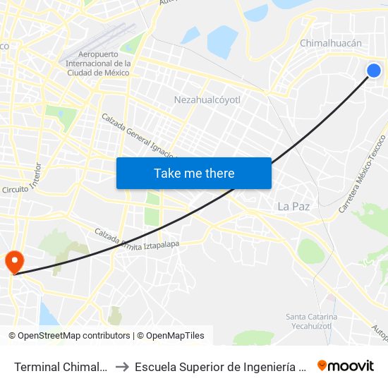 Terminal Chimalhuacán (Mexibus) to Escuela Superior de Ingeniería Mecánica Y Eléctrica Culhuacán map