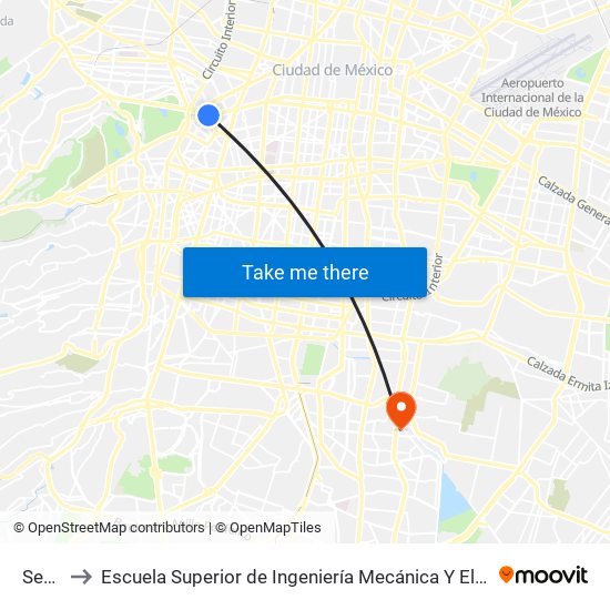 Sevilla to Escuela Superior de Ingeniería Mecánica Y Eléctrica Culhuacán map