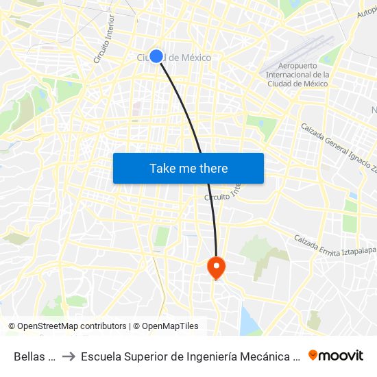 Bellas Artes to Escuela Superior de Ingeniería Mecánica Y Eléctrica Culhuacán map