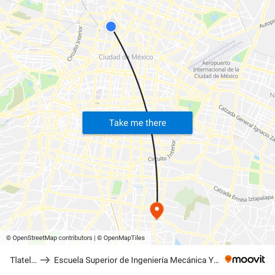 Tlatelolco to Escuela Superior de Ingeniería Mecánica Y Eléctrica Culhuacán map