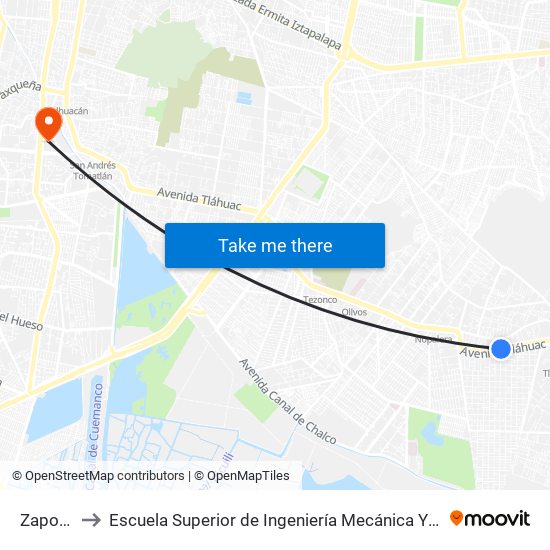 Zapotitlán to Escuela Superior de Ingeniería Mecánica Y Eléctrica Culhuacán map