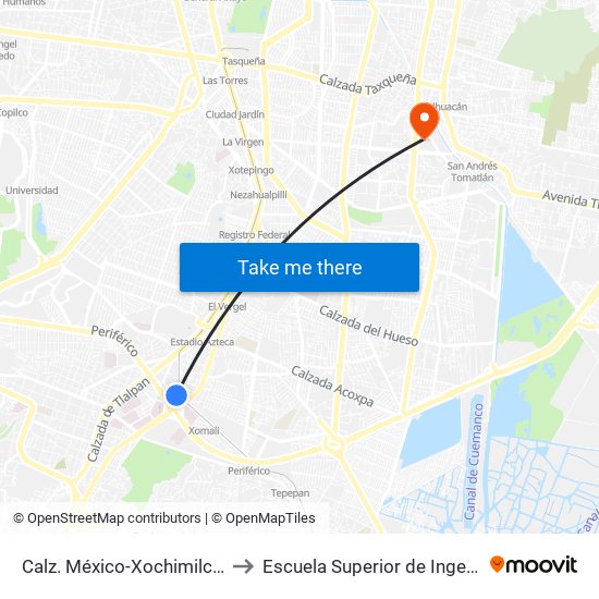 Calz. México-Xochimilco - Escuela Nacional de Enfermería to Escuela Superior de Ingeniería Mecánica Y Eléctrica Culhuacán map