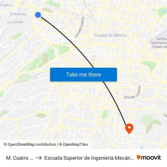 M. Cuatro Caminos to Escuela Superior de Ingeniería Mecánica Y Eléctrica Culhuacán map