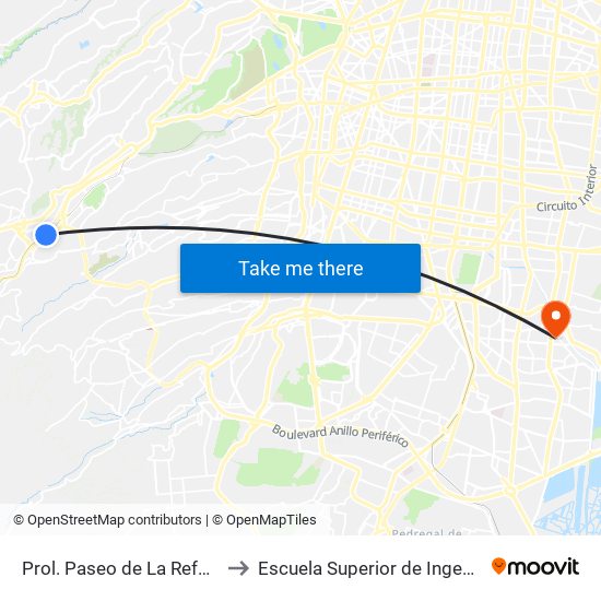 Prol. Paseo de La Reforma - Centro Comercial Santa Fe to Escuela Superior de Ingeniería Mecánica Y Eléctrica Culhuacán map