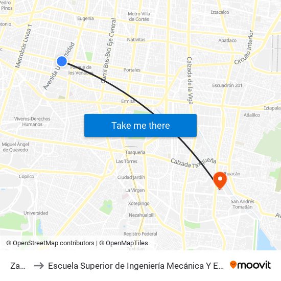 Zapata to Escuela Superior de Ingeniería Mecánica Y Eléctrica Culhuacán map