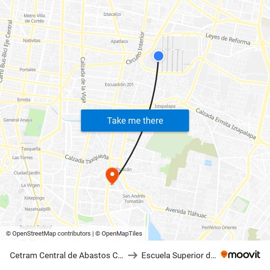 Cetram Central de Abastos Cerrada Militares San José Aculco Iztapalapa Cdmx 09410 México to Escuela Superior de Ingeniería Mecánica Y Eléctrica Culhuacán map