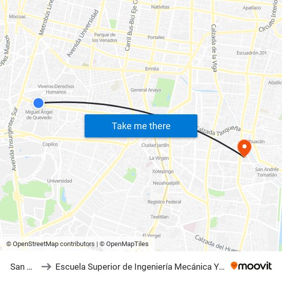 San Ángel to Escuela Superior de Ingeniería Mecánica Y Eléctrica Culhuacán map