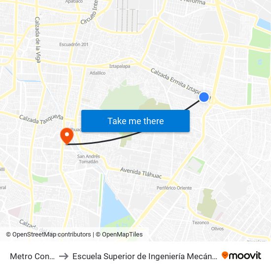 Metro Constitución to Escuela Superior de Ingeniería Mecánica Y Eléctrica Culhuacán map