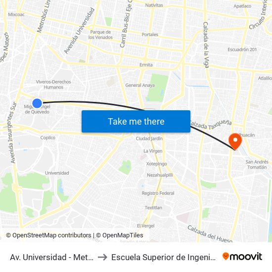 Av. Universidad - Metro Miguel Ángel de Quevedo to Escuela Superior de Ingeniería Mecánica Y Eléctrica Culhuacán map
