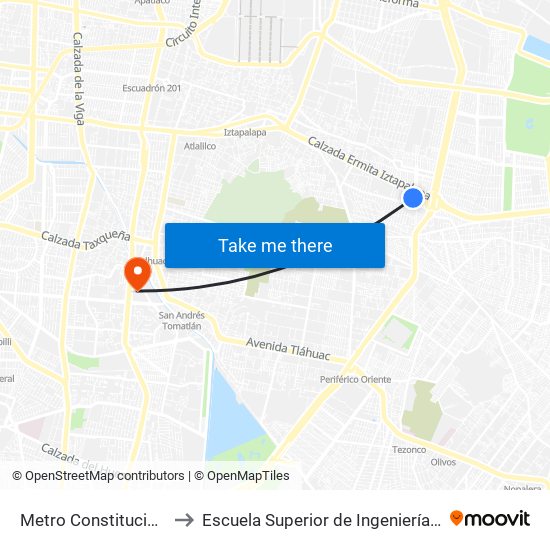 Metro Constitución de 1917 - Anden G to Escuela Superior de Ingeniería Mecánica Y Eléctrica Culhuacán map