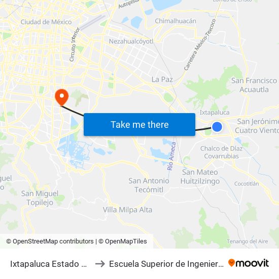 Ixtapaluca Estado de México 56605 México to Escuela Superior de Ingeniería Mecánica Y Eléctrica Culhuacán map