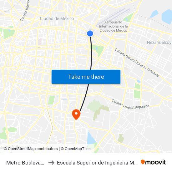 Metro Boulevard Puerto Aéreo to Escuela Superior de Ingeniería Mecánica Y Eléctrica Culhuacán map