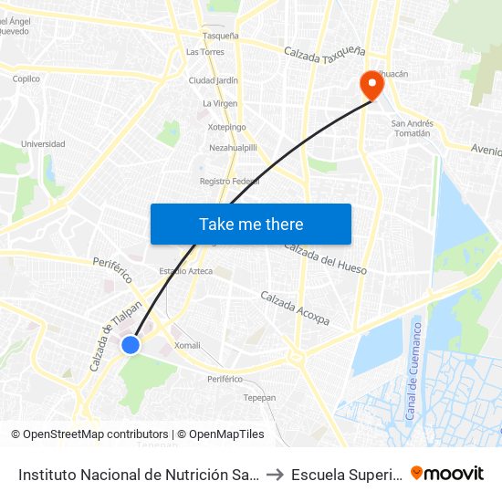 Instituto Nacional de Nutrición Salvador Zubirán Calle Vasco de Quiroga Belisario Domínguez Sección XVI Tlalpan Cdmx 14080 México to Escuela Superior de Ingeniería Mecánica Y Eléctrica Culhuacán map