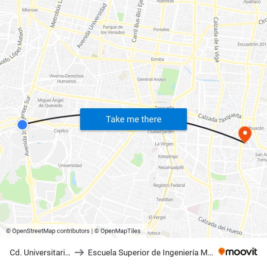 Cd. Universitaria - Estadio C.U. to Escuela Superior de Ingeniería Mecánica Y Eléctrica Culhuacán map