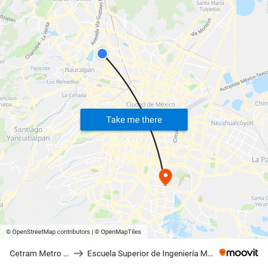 Cetram Metro El Rosario (T2) to Escuela Superior de Ingeniería Mecánica Y Eléctrica Culhuacán map