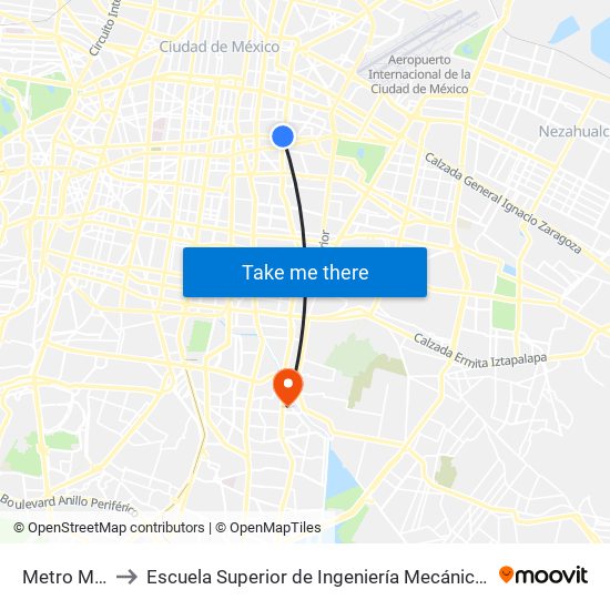 Metro Mixihuca to Escuela Superior de Ingeniería Mecánica Y Eléctrica Culhuacán map